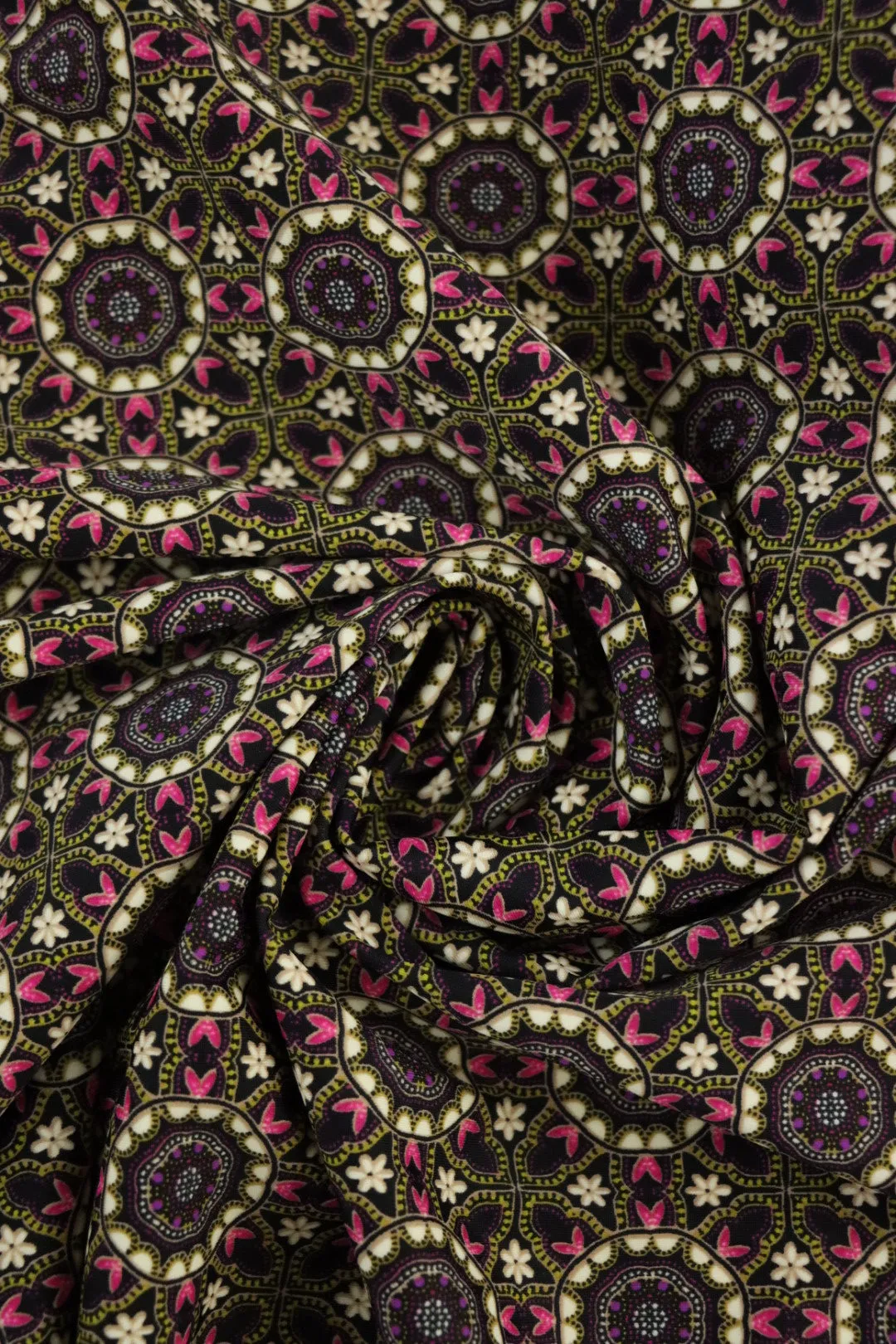 1YD PRECUT; Flowers & Hearts Kaleidoscope Nylon Spandex Tricot | Designer Deadstock