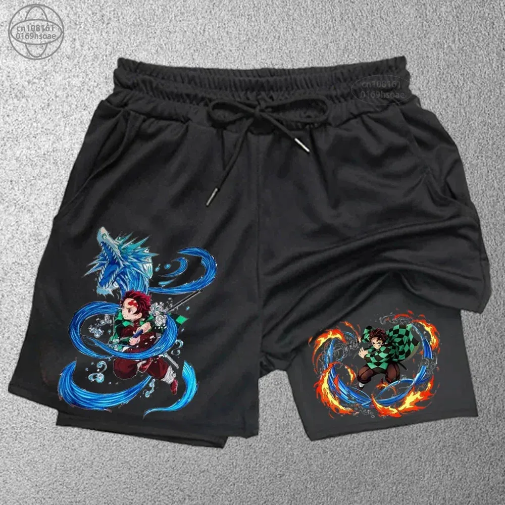 2 in1 anime funny graphic mesh shorts