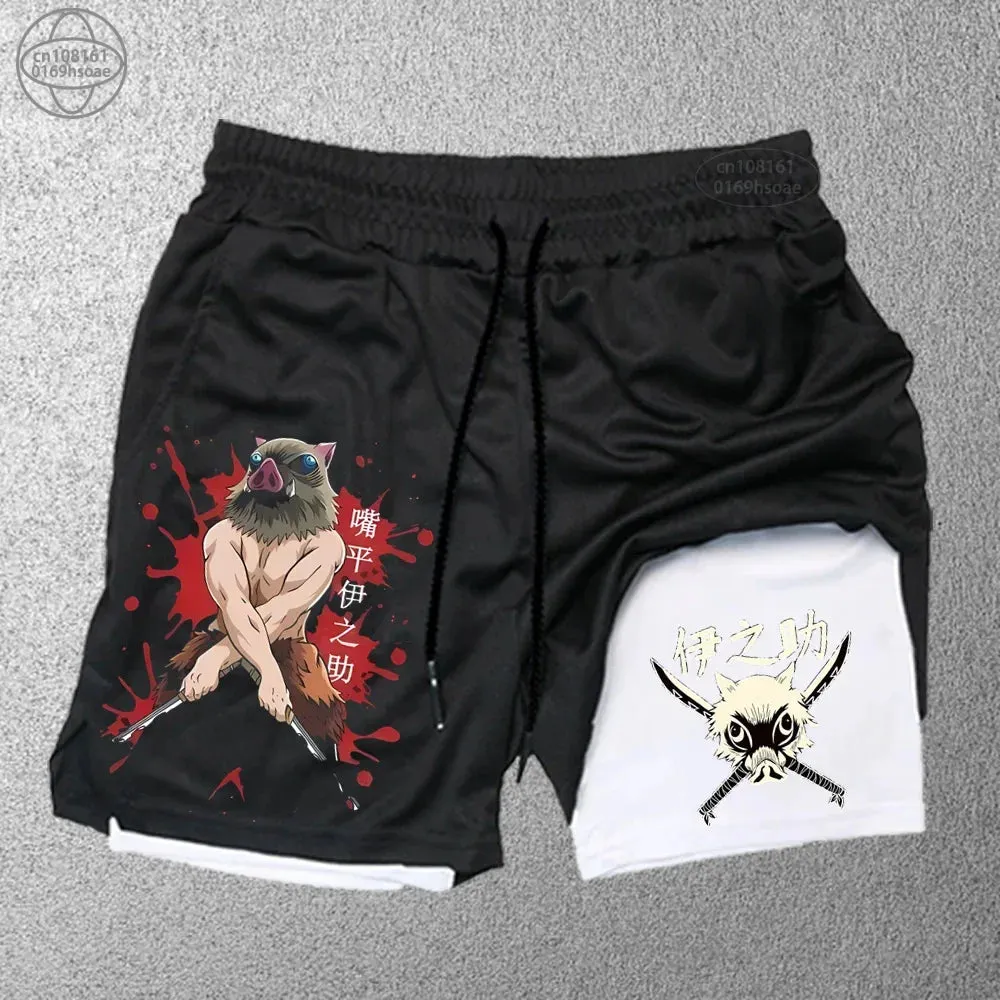 2 in1 anime funny graphic mesh shorts