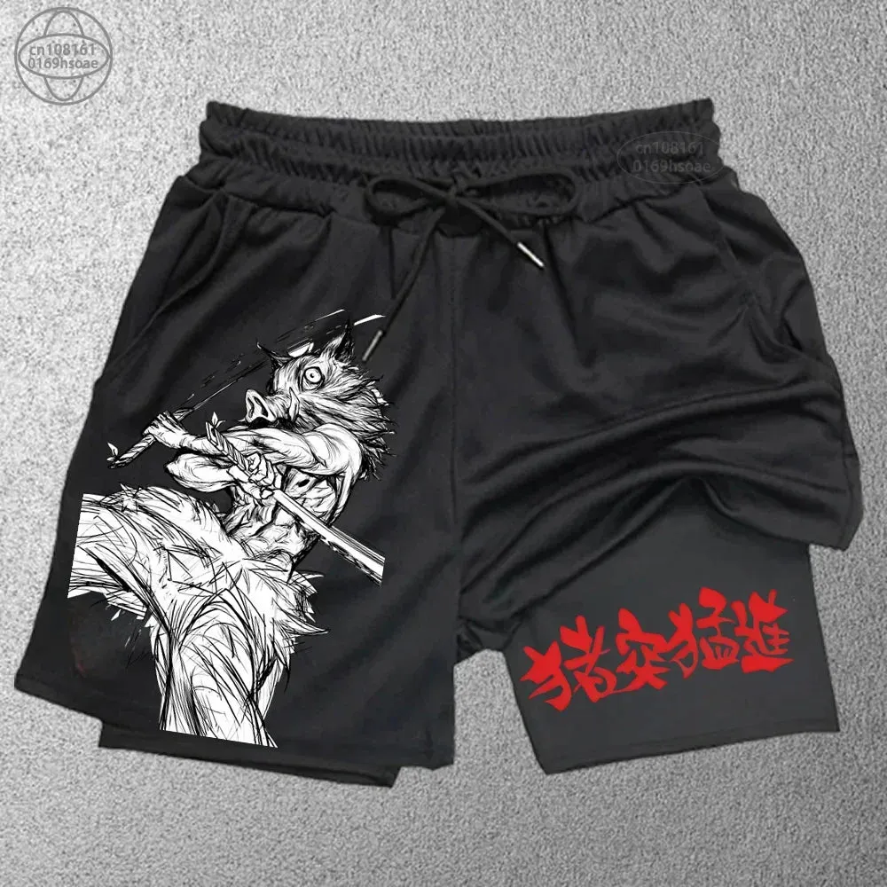 2 in1 anime funny graphic mesh shorts