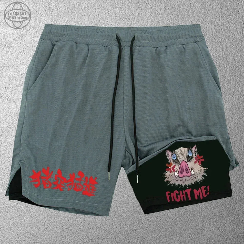 2 in1 anime funny graphic mesh shorts