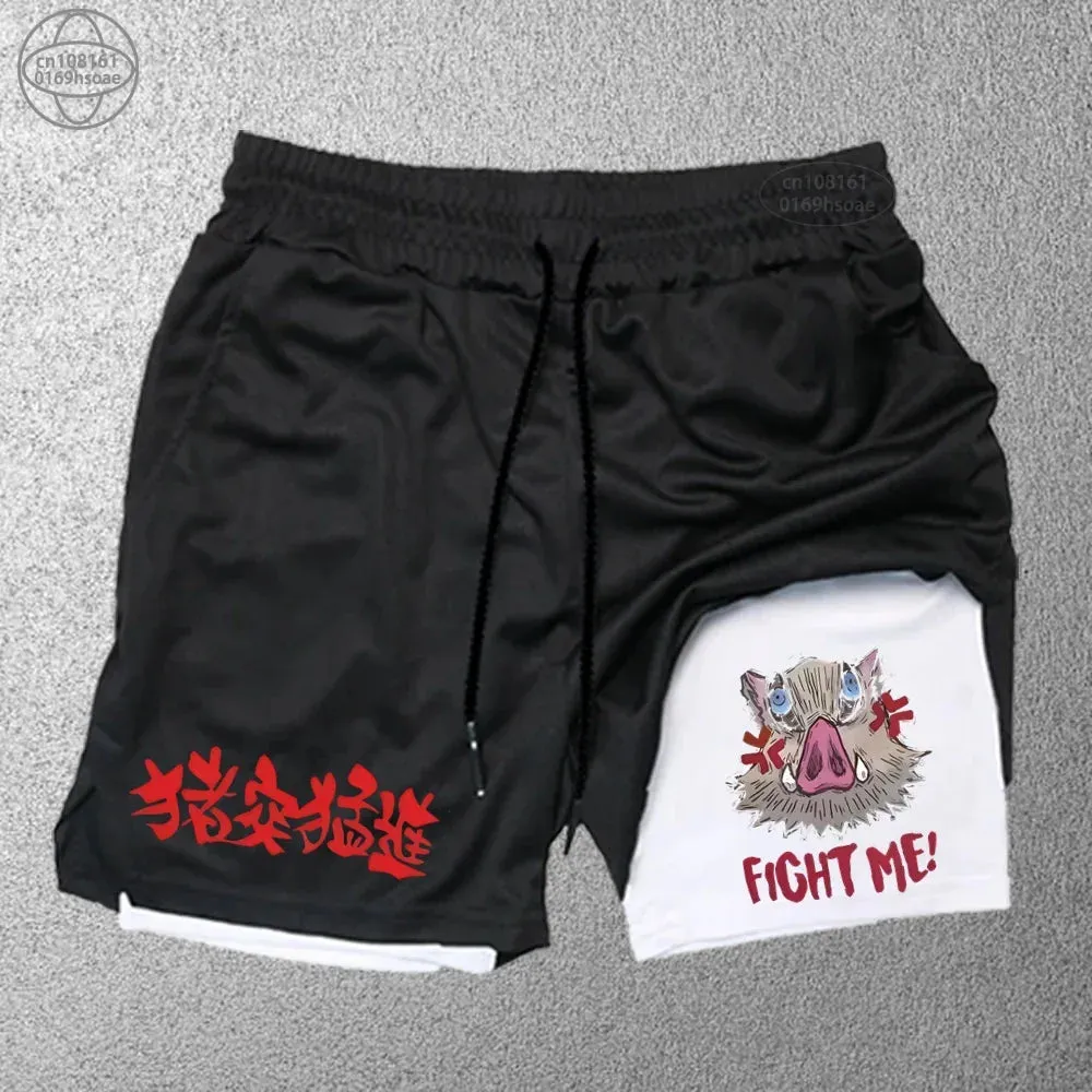 2 in1 anime funny graphic mesh shorts