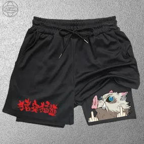 2 in1 anime funny graphic mesh shorts