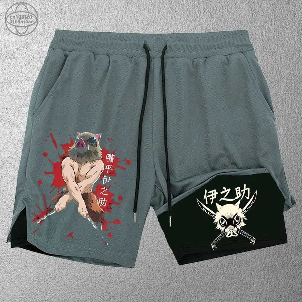 2 in1 anime funny graphic mesh shorts