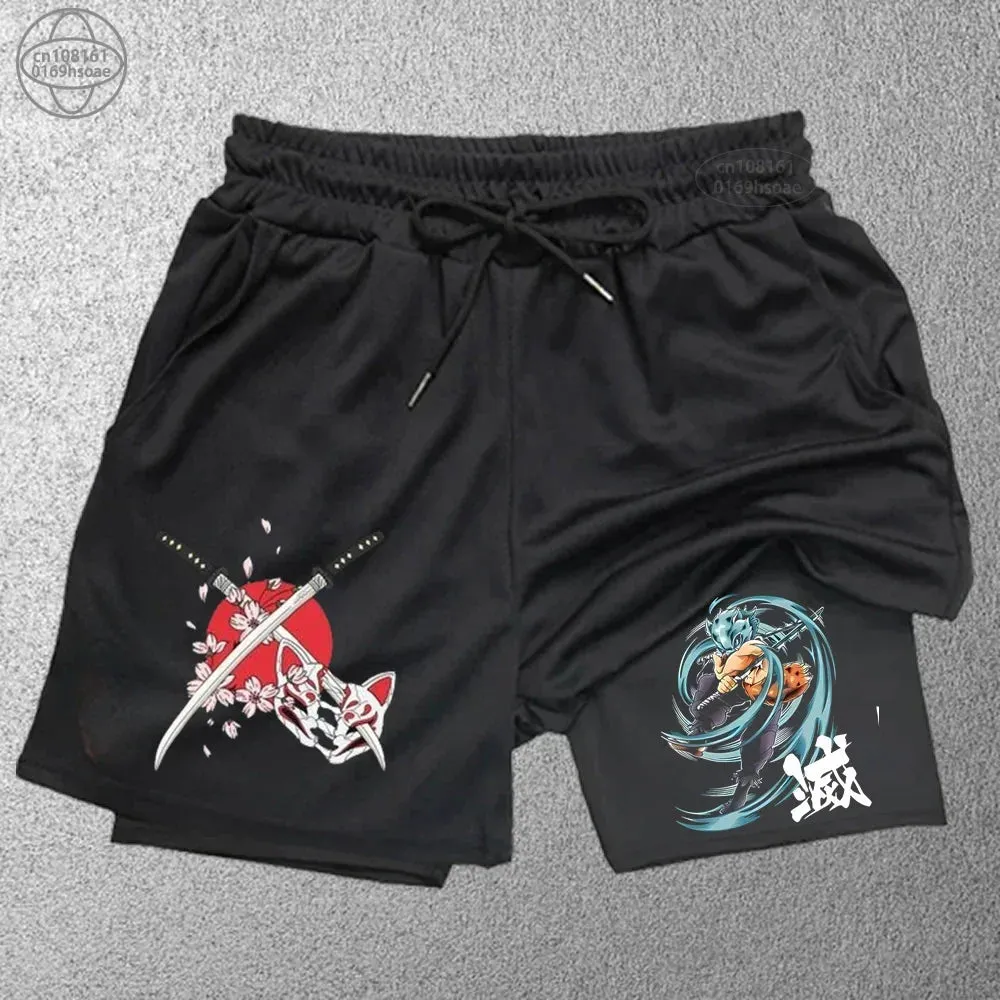 2 in1 anime funny graphic mesh shorts