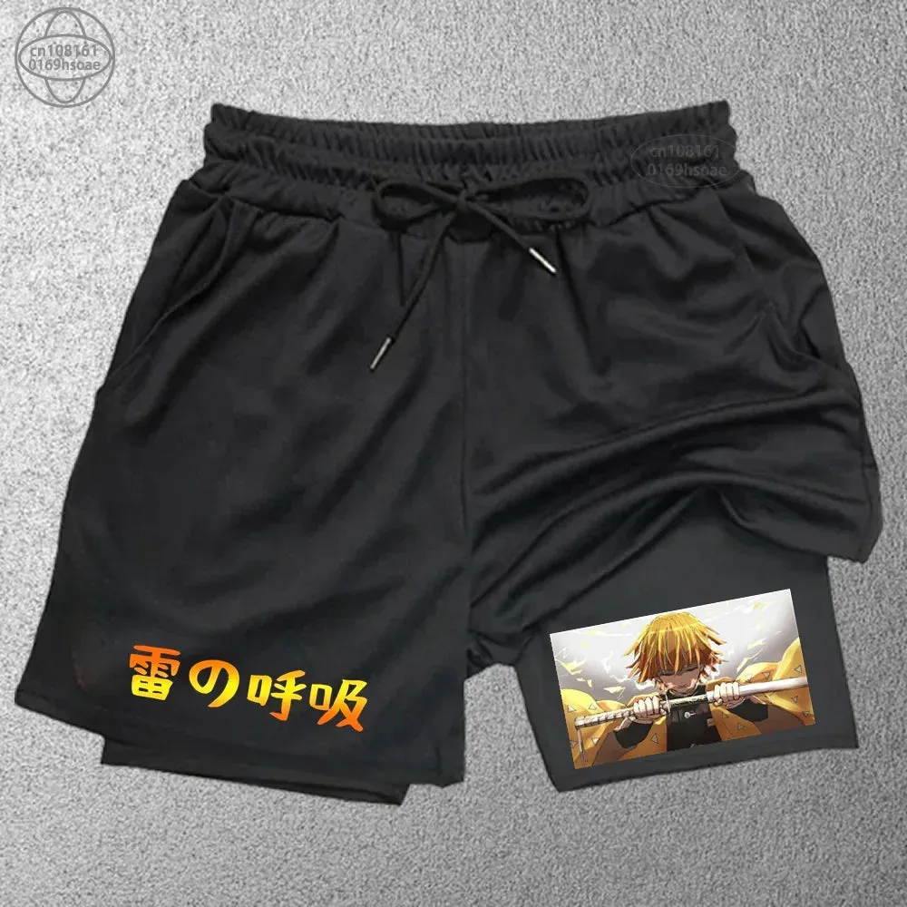 2 in1 anime funny graphic mesh shorts