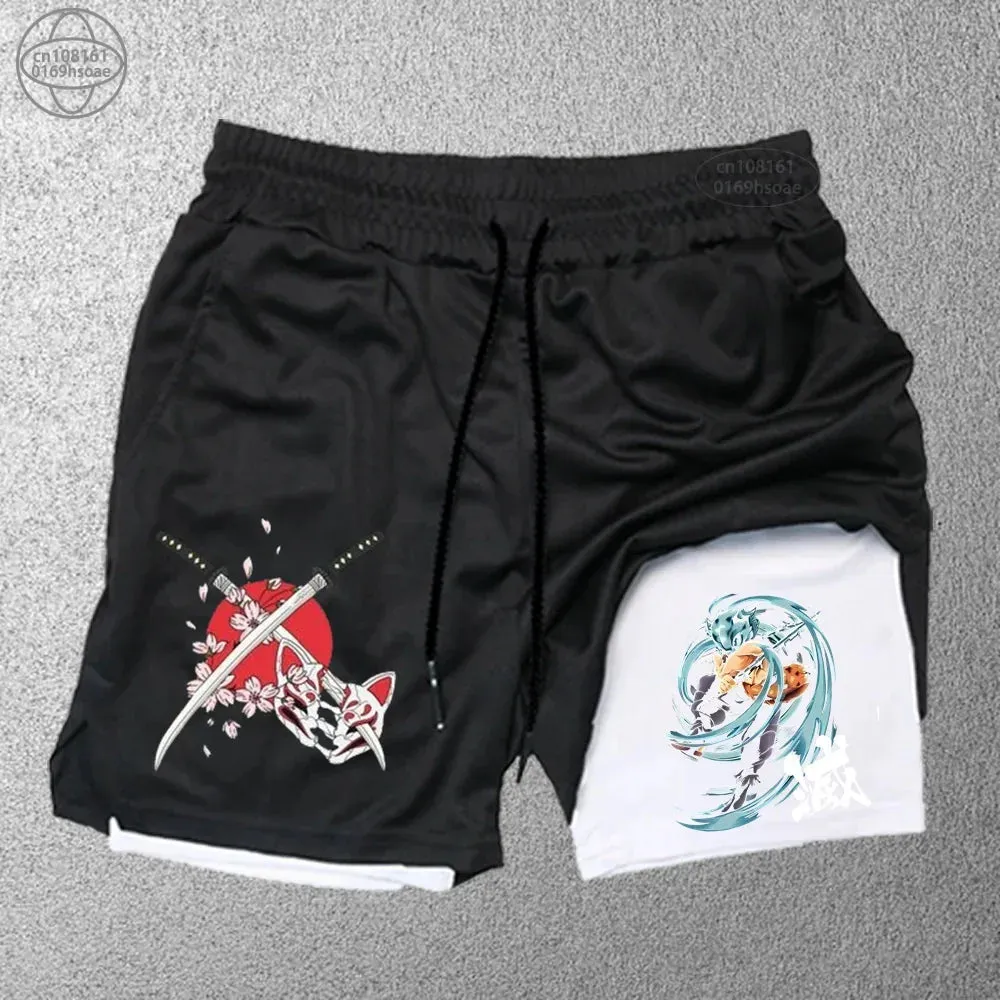 2 in1 anime funny graphic mesh shorts