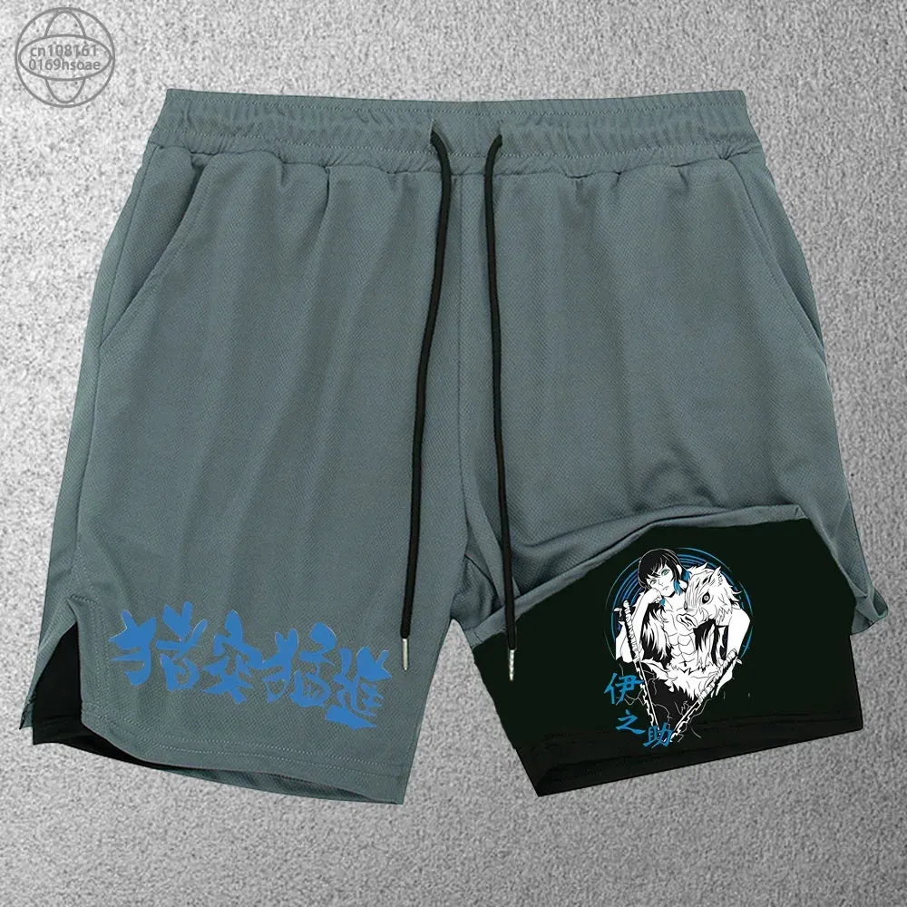 2 in1 anime funny graphic mesh shorts