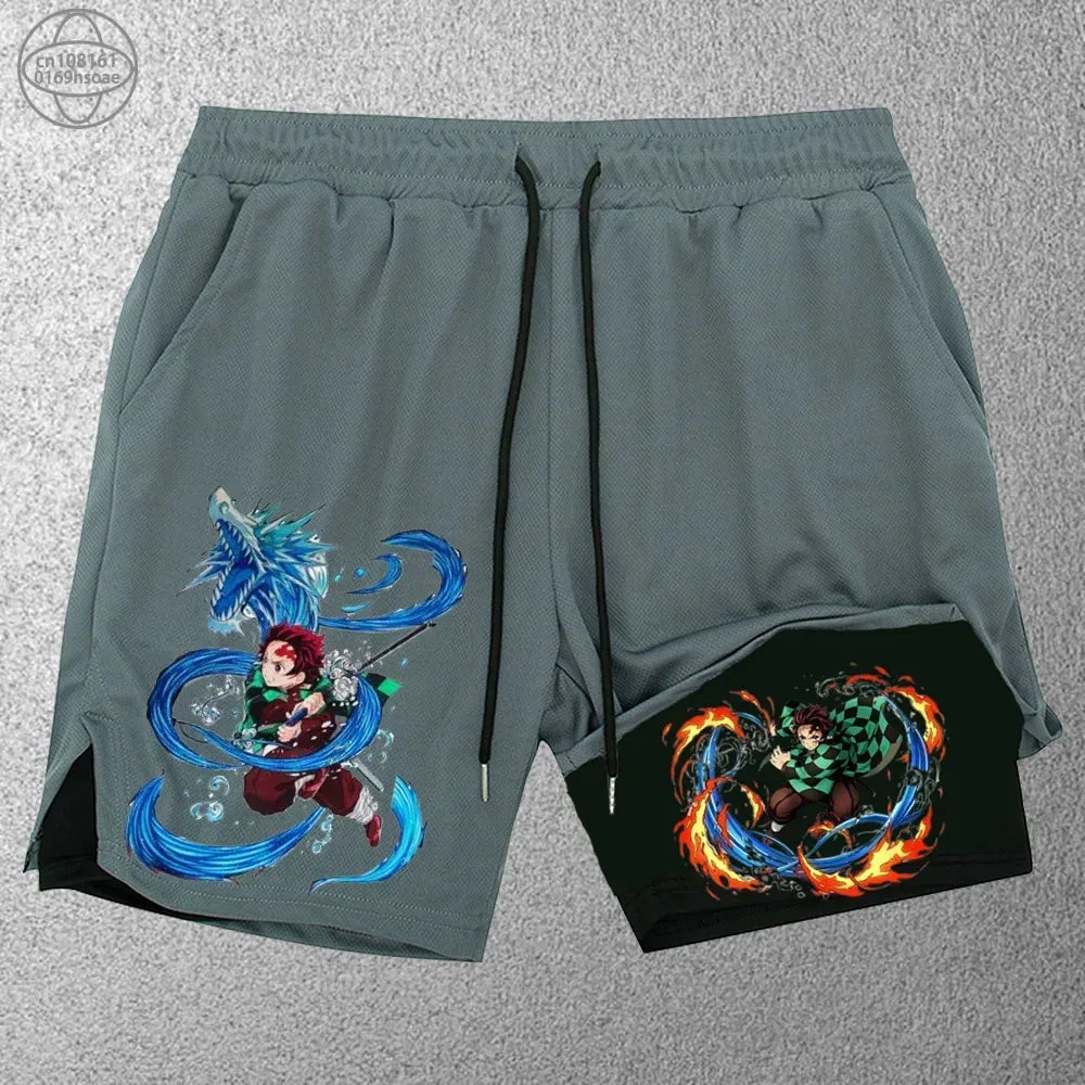 2 in1 anime funny graphic mesh shorts