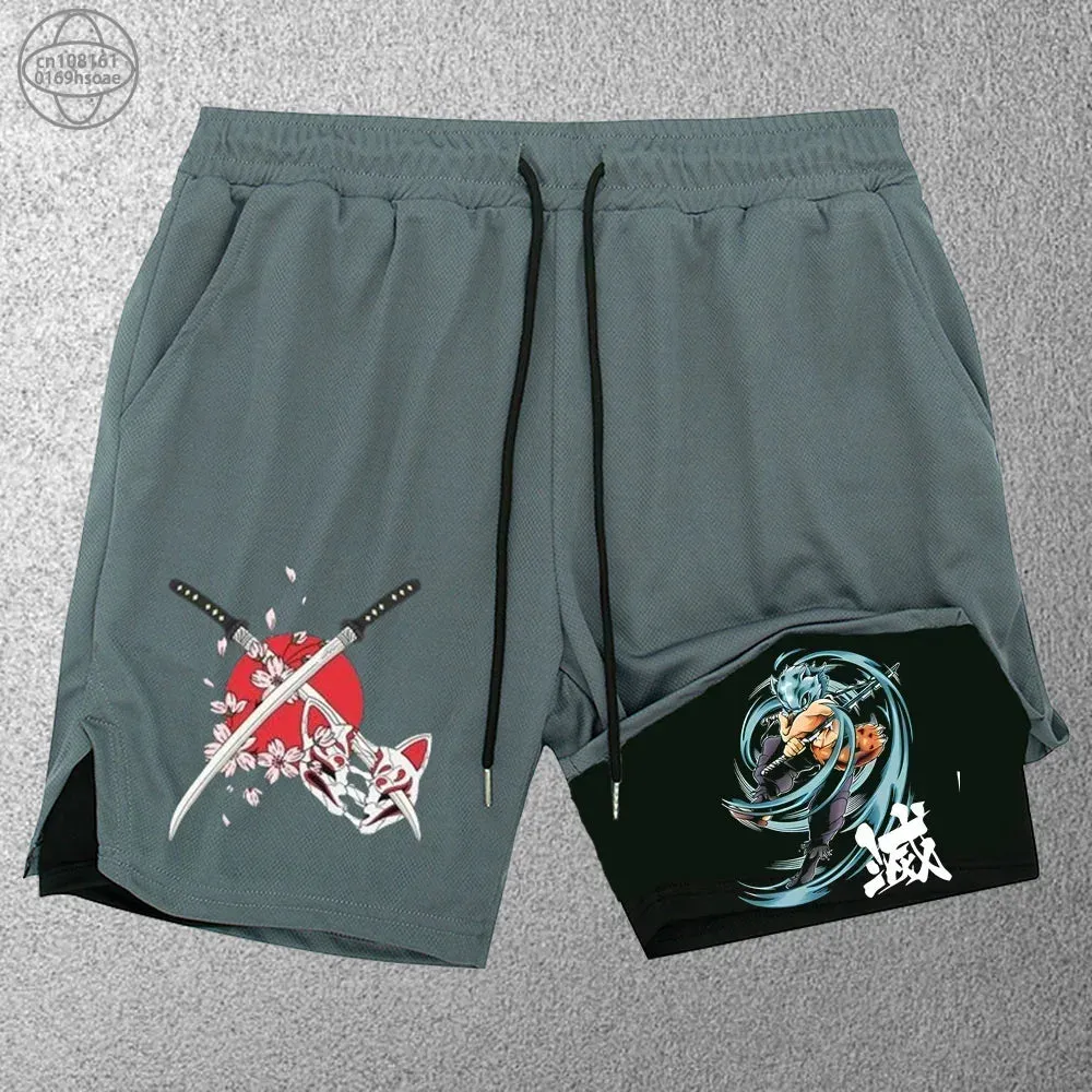 2 in1 anime funny graphic mesh shorts