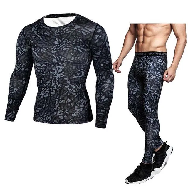 Mens Compression Shirt Pants Set Bodybuilding Tight Long Sleeves Shirts Leggings Sport Suit Workout Fitness Sportswear