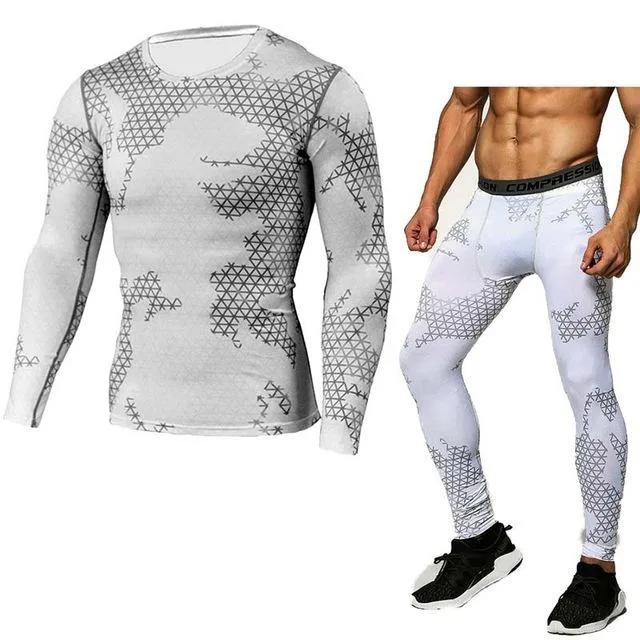 Mens Compression Shirt Pants Set Bodybuilding Tight Long Sleeves Shirts Leggings Sport Suit Workout Fitness Sportswear