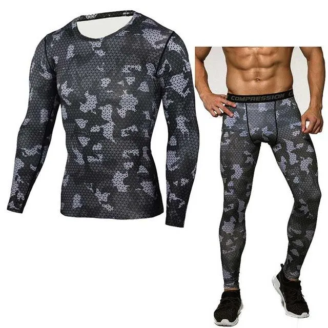 Mens Compression Shirt Pants Set Bodybuilding Tight Long Sleeves Shirts Leggings Sport Suit Workout Fitness Sportswear