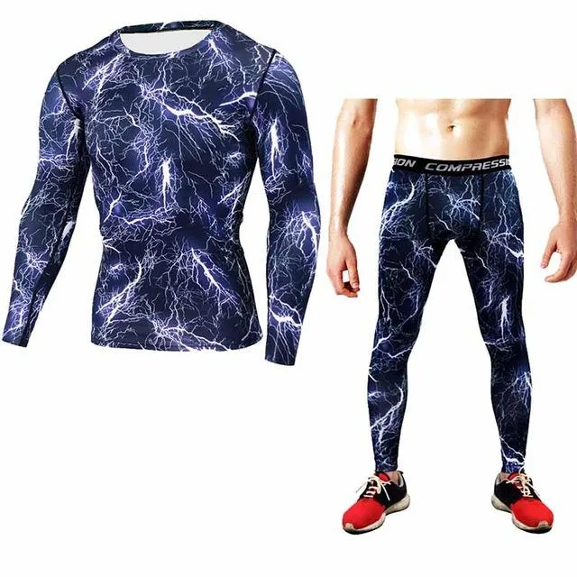 Mens Compression Shirt Pants Set Bodybuilding Tight Long Sleeves Shirts Leggings Sport Suit Workout Fitness Sportswear