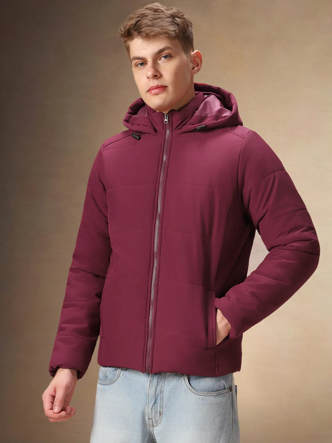 Men's Maroon Solid Hooded Full Sleeves Jacket