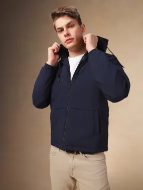 Men's Navy Blue Solid Hooded Full Sleeves Jacket