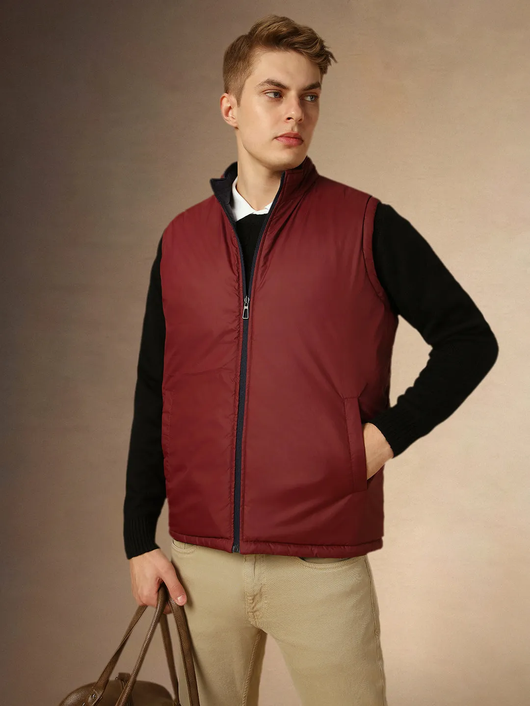 Men's Navy Mock Neck Sleeveless Regular Fit Reversible Padded Jacket