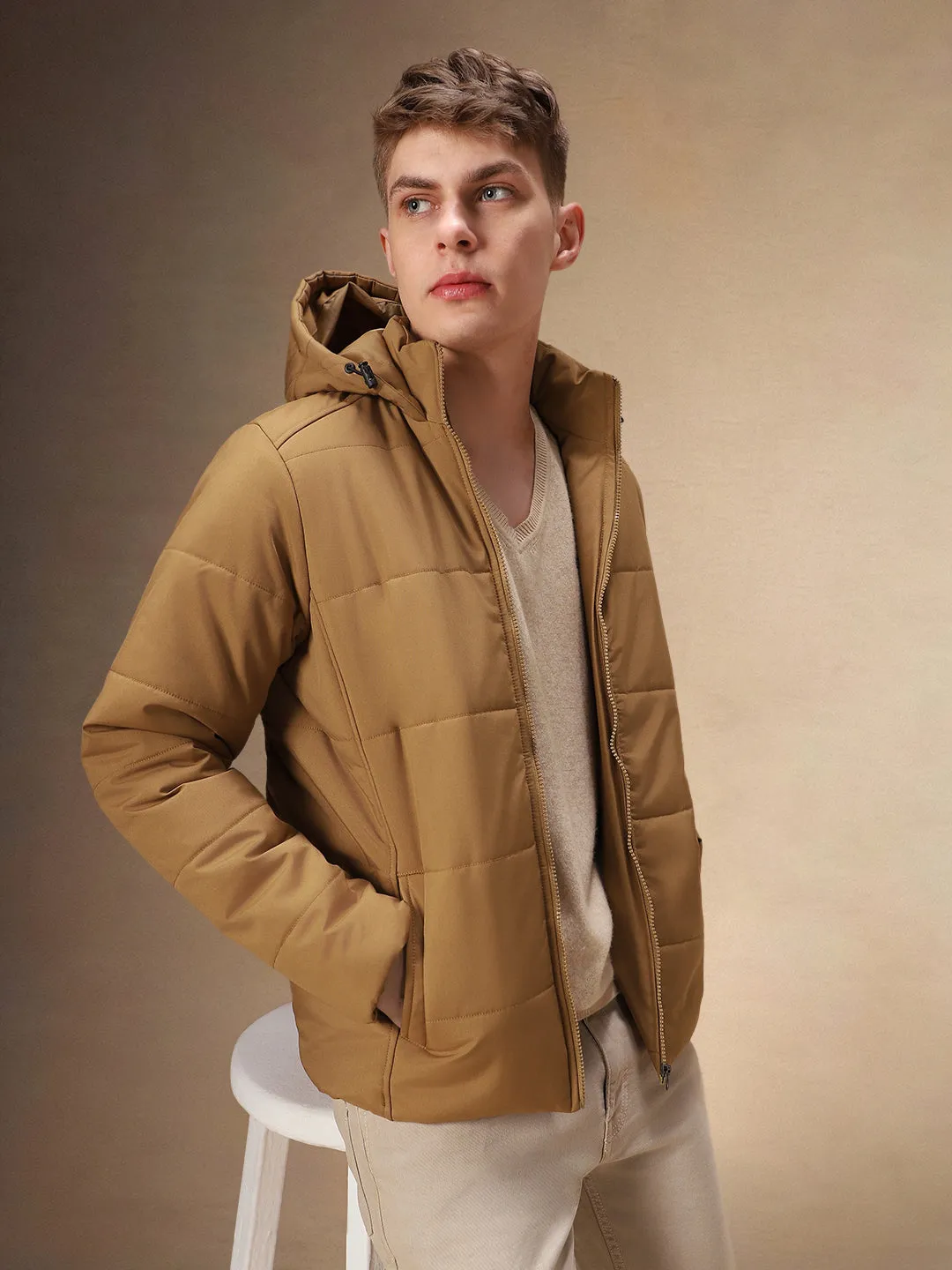 Men's Solid Beige Full Sleeves Hooded Puffer Jakcet