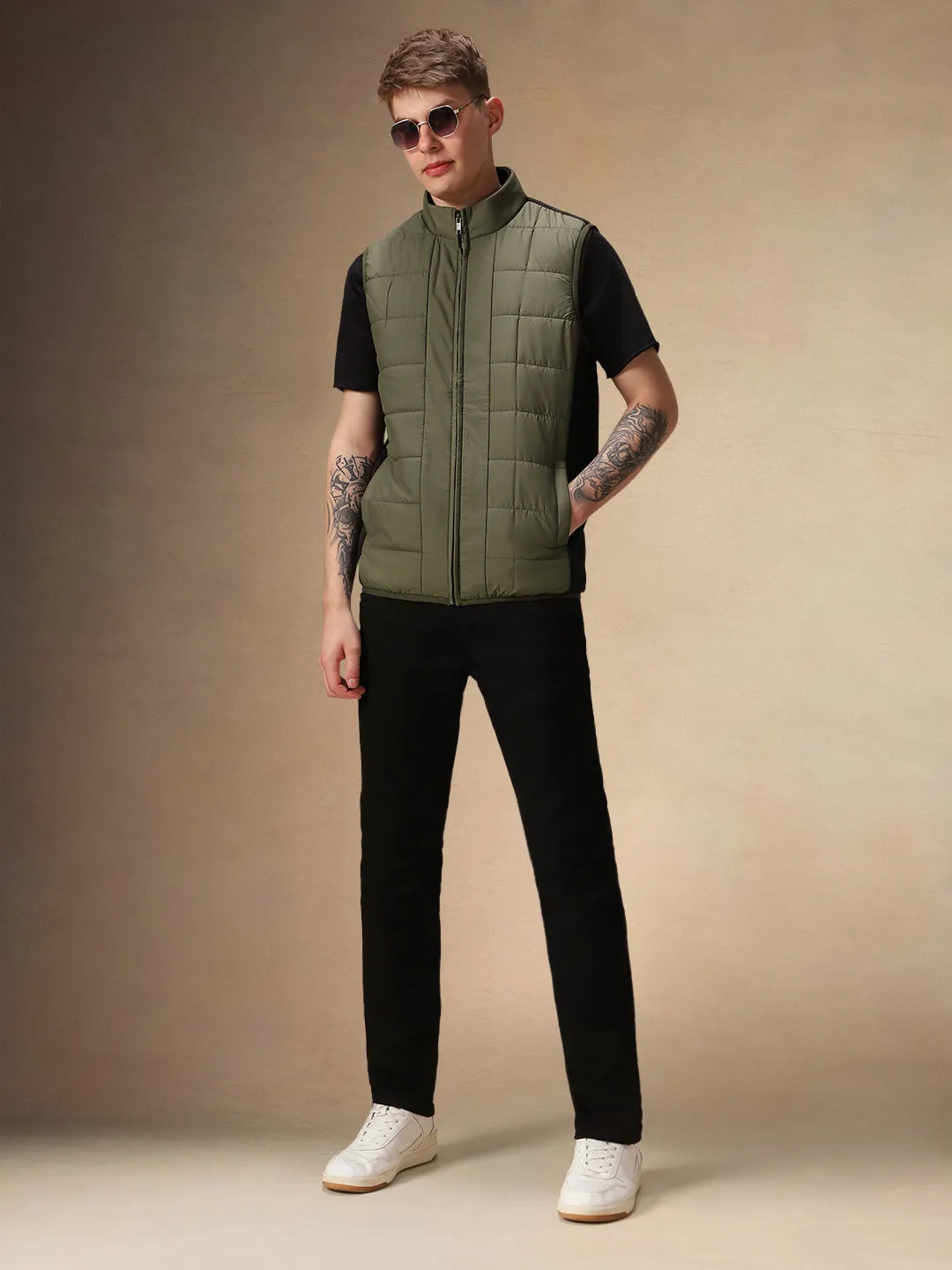 Men's Solid Olive Stand Collar Sleeveless Gilet Jacket