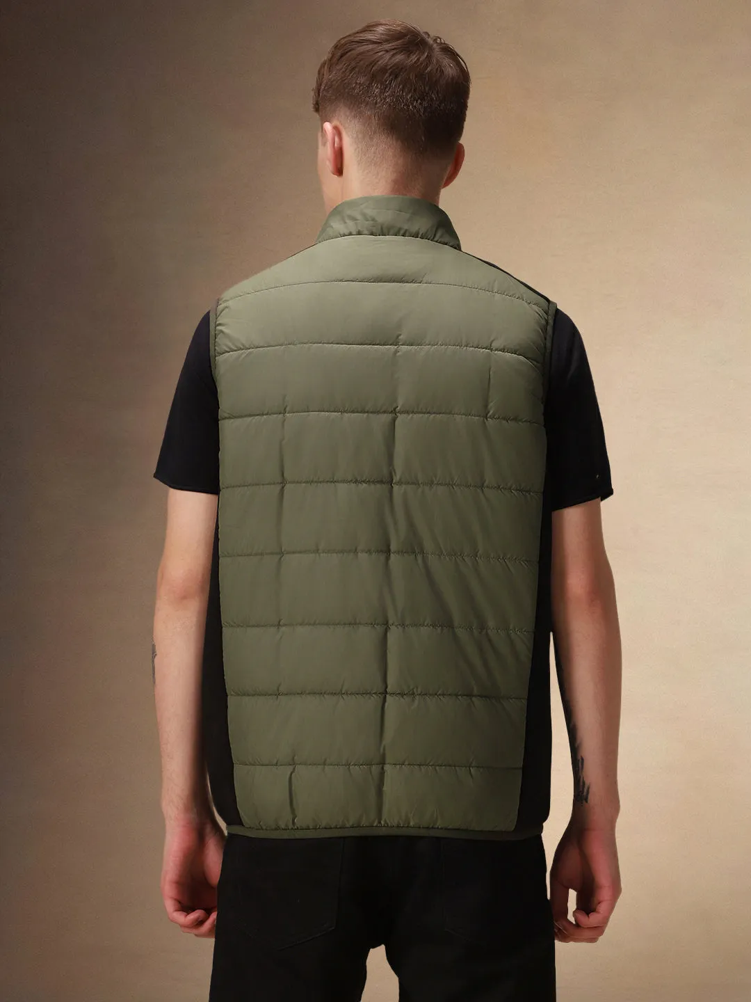 Men's Solid Olive Stand Collar Sleeveless Gilet Jacket