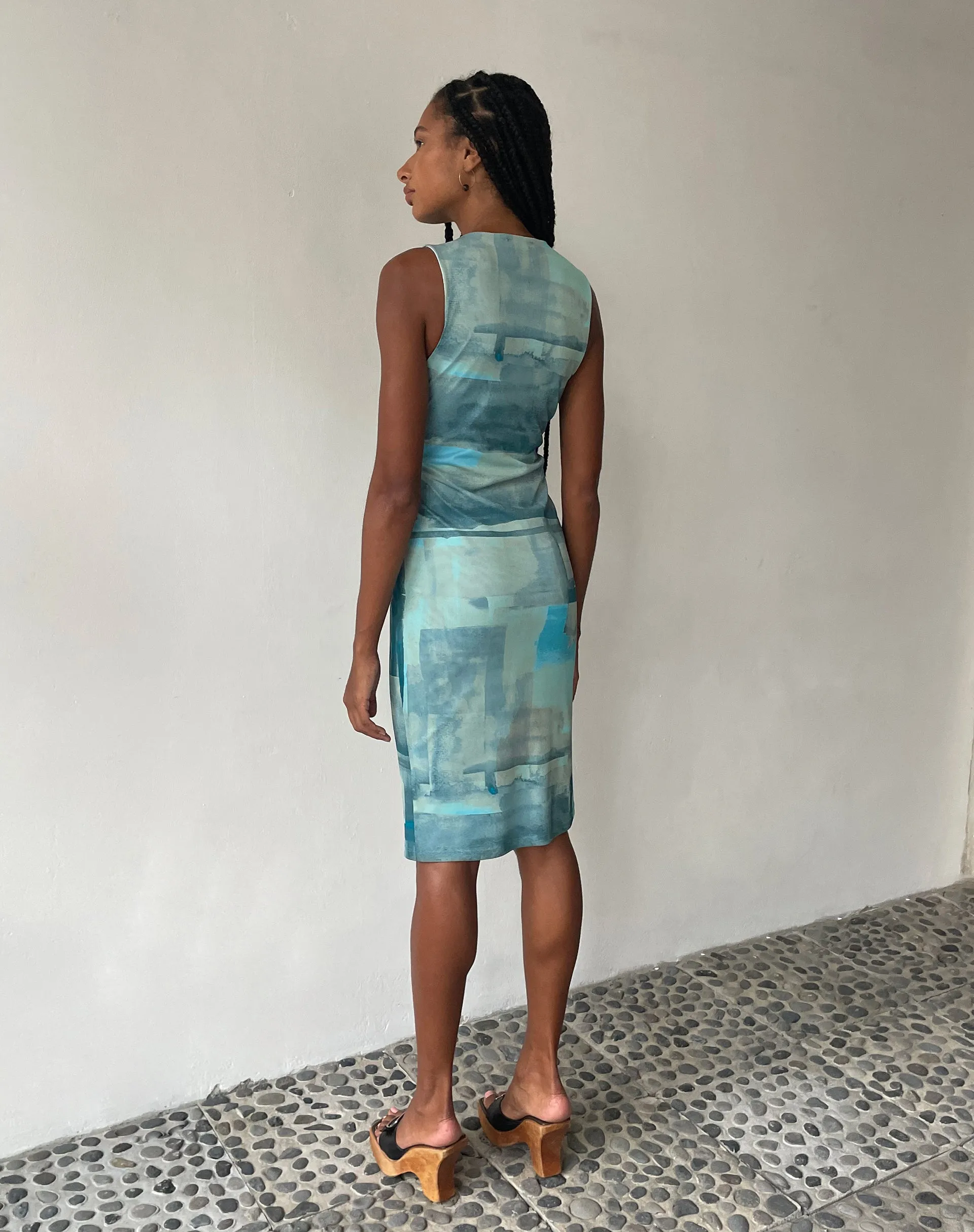 MOTEL X JACQUIE Indie Midi Dress in Mesh Green and Blue Abstract Paint Brush