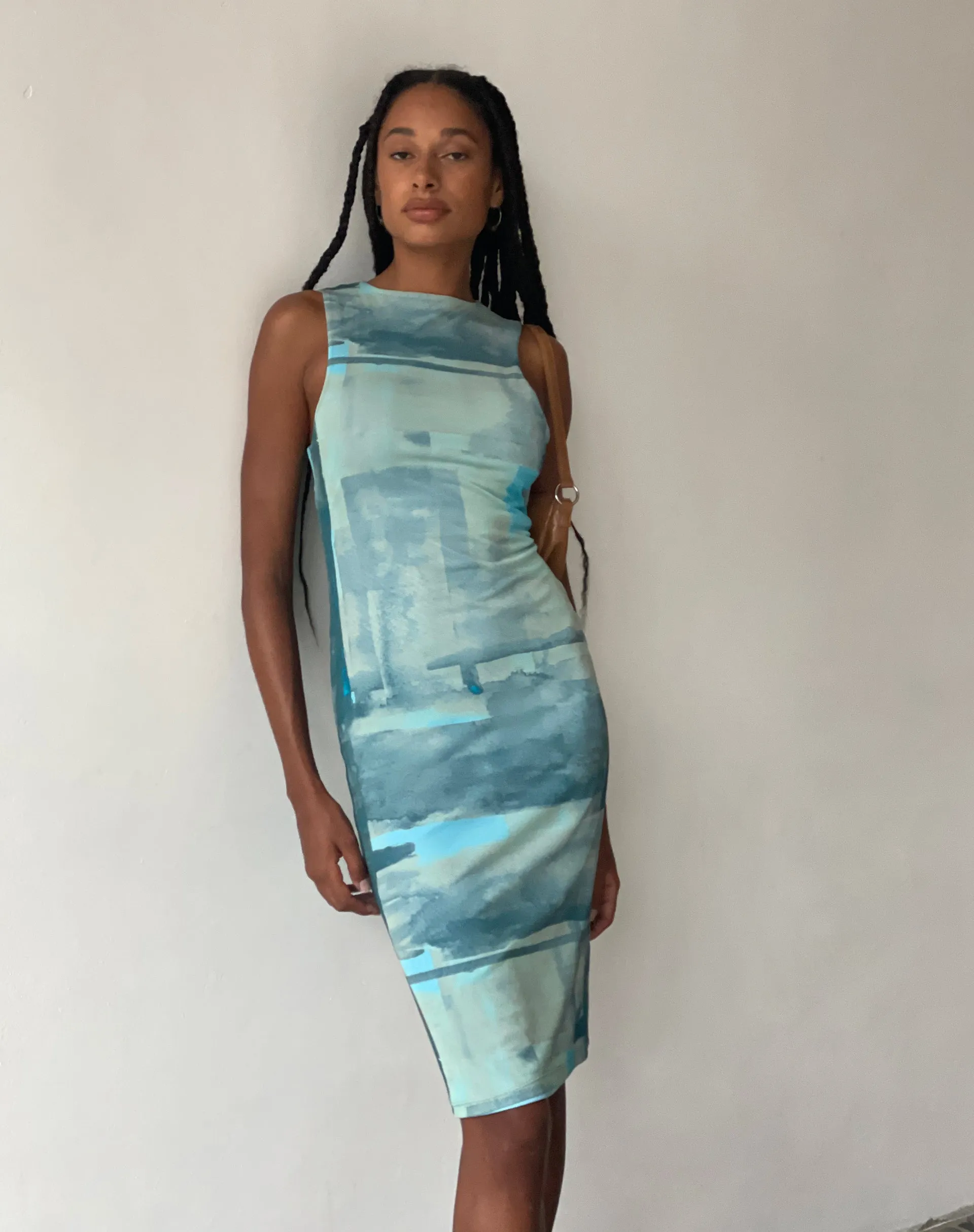 MOTEL X JACQUIE Indie Midi Dress in Mesh Green and Blue Abstract Paint Brush