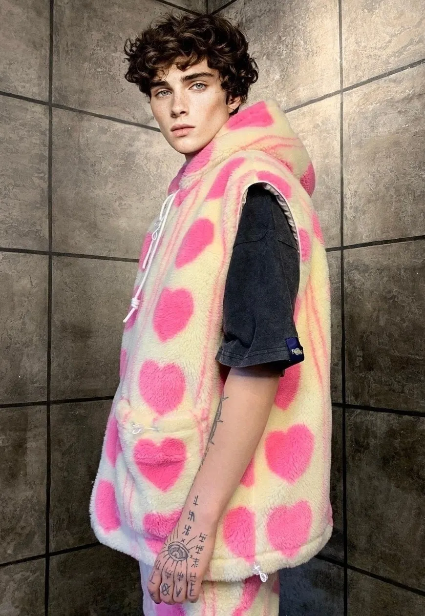 Pink heart fleece jacket handmade detachable puffer in cream