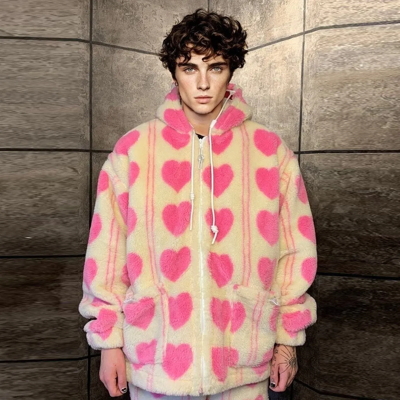 Pink heart fleece jacket handmade detachable puffer in cream