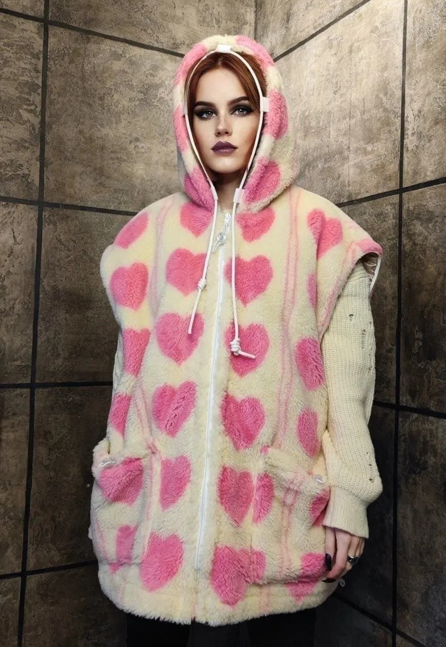 Pink heart fleece jacket handmade detachable puffer in cream