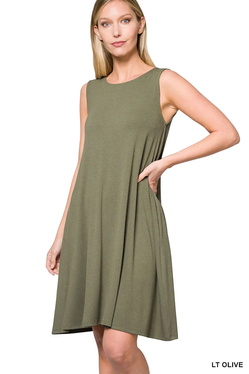 Plus Size Sleeveless Jersey Flared Swing Tank Dress with Side Pockets