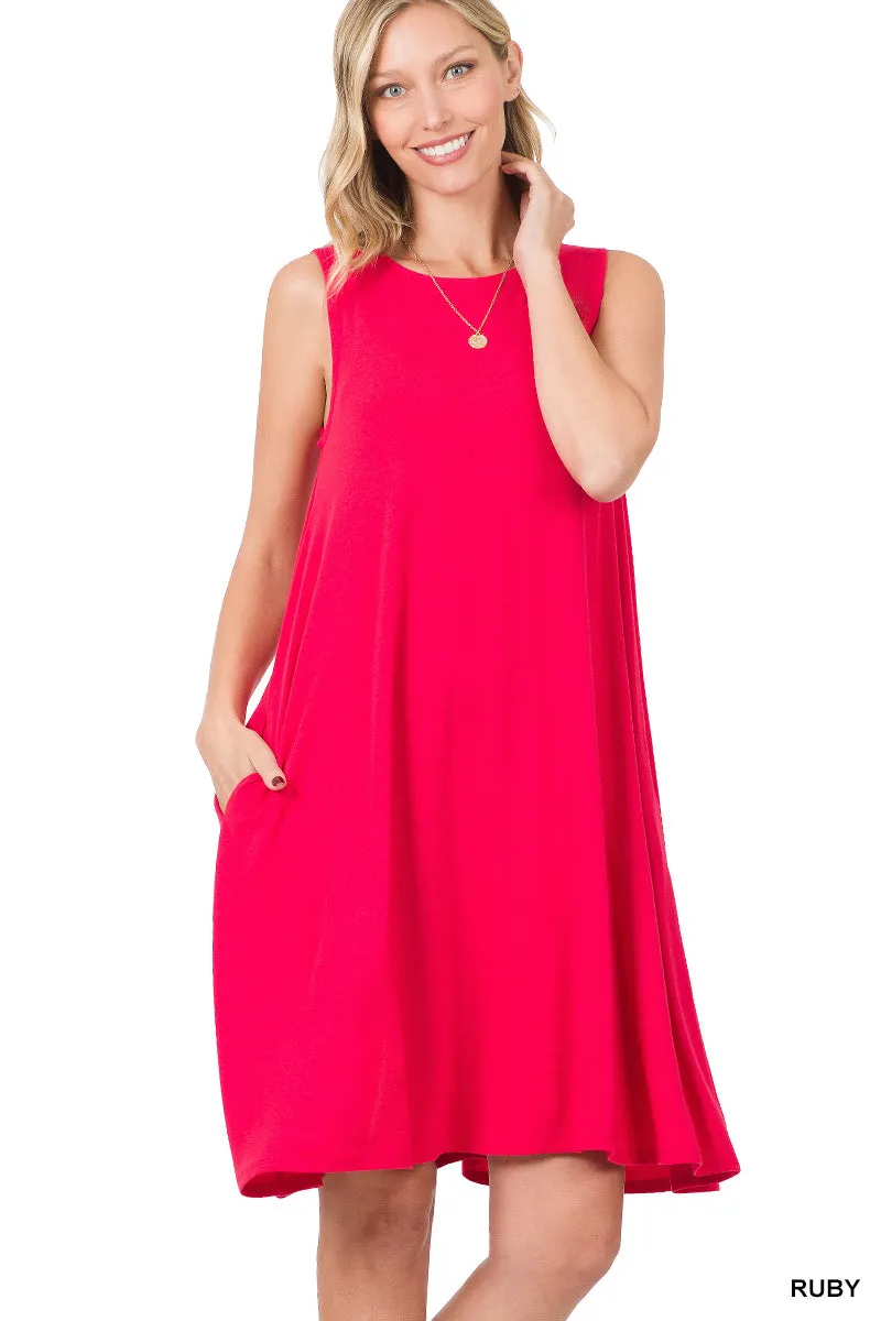 Plus Size Sleeveless Jersey Flared Swing Tank Dress with Side Pockets