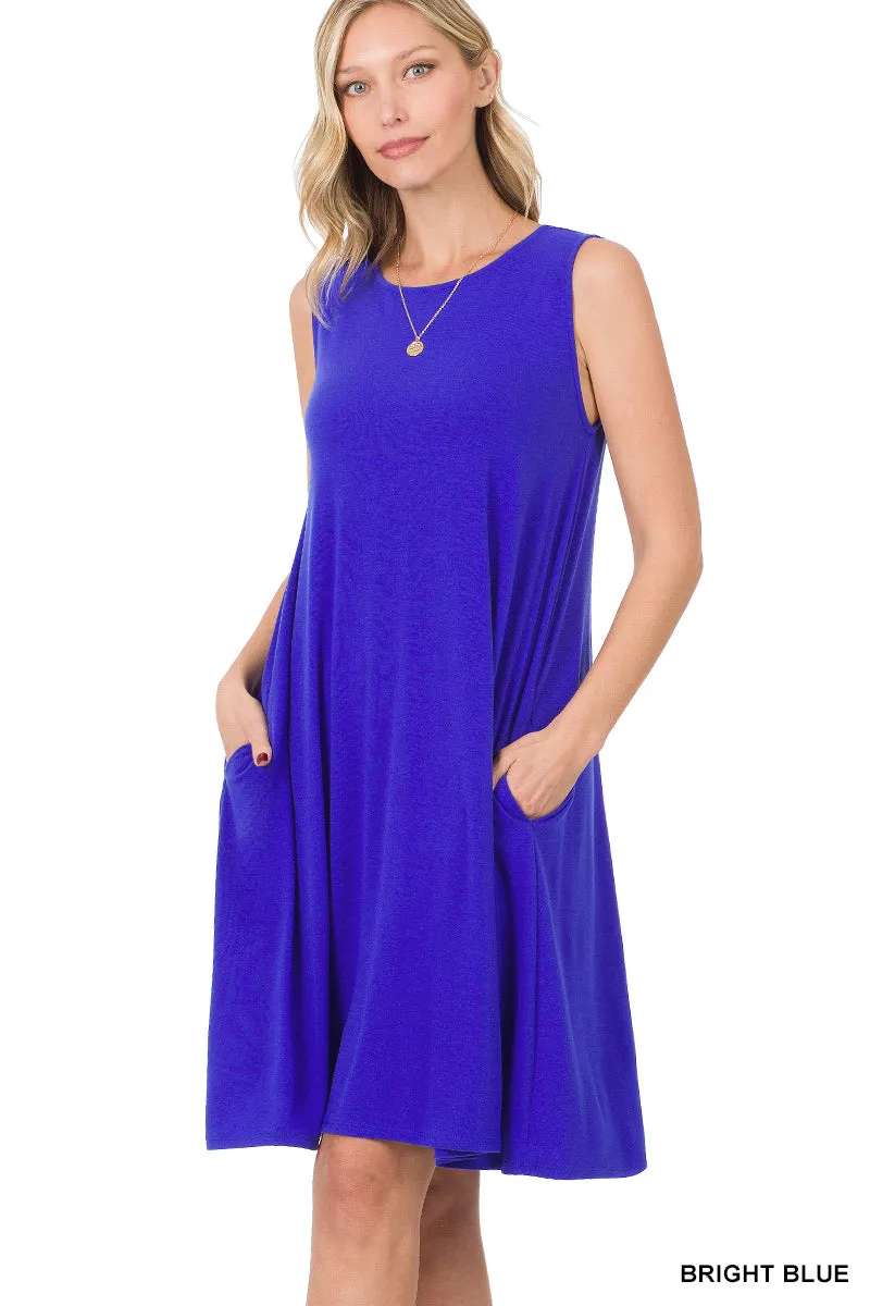 Plus Size Sleeveless Jersey Flared Swing Tank Dress with Side Pockets