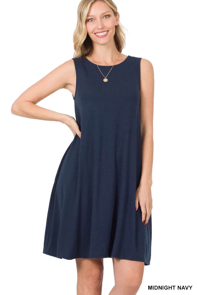 Plus Size Sleeveless Jersey Flared Swing Tank Dress with Side Pockets