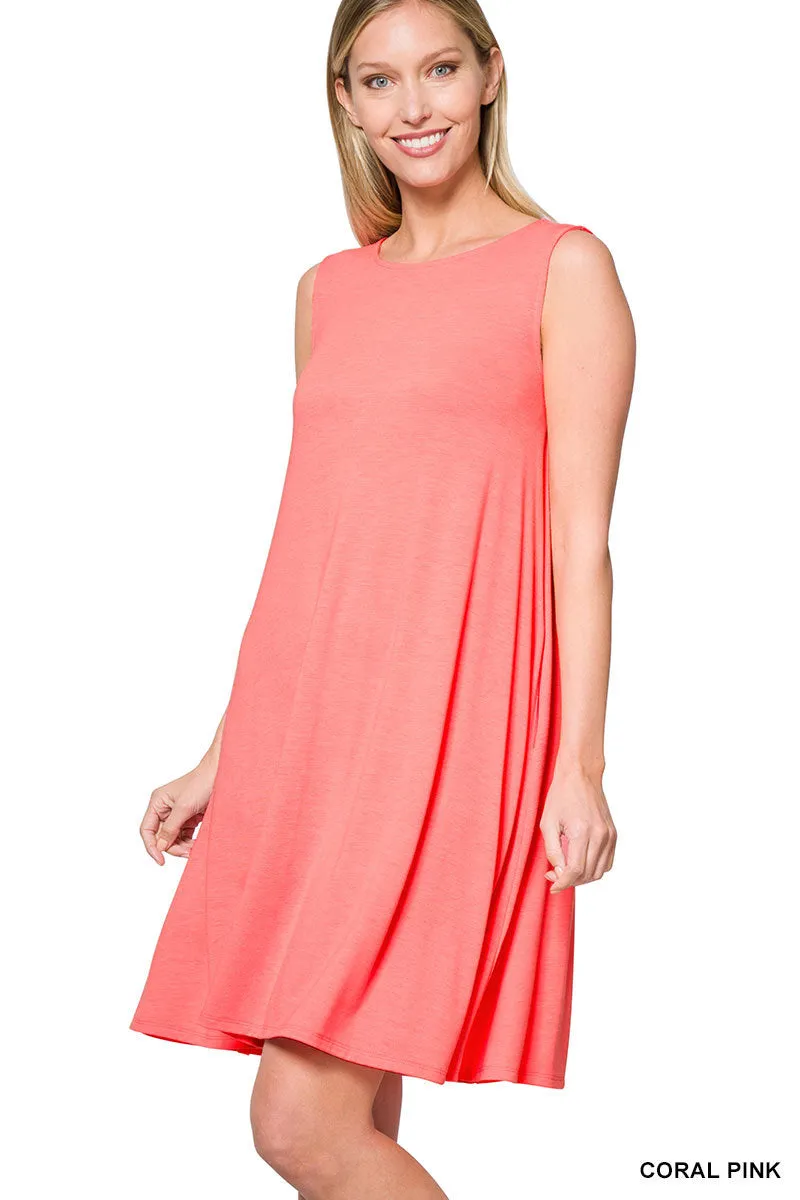 Plus Size Sleeveless Jersey Flared Swing Tank Dress with Side Pockets