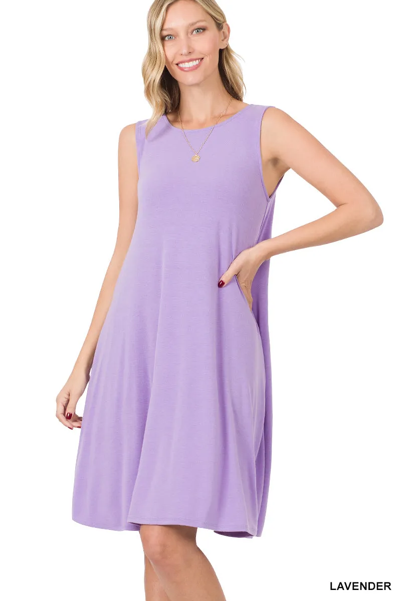 Plus Size Sleeveless Jersey Flared Swing Tank Dress with Side Pockets