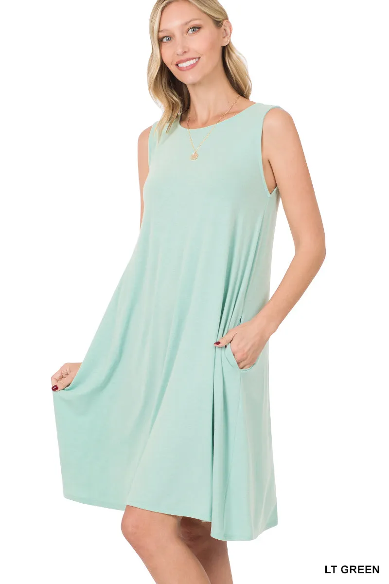 Plus Size Sleeveless Jersey Flared Swing Tank Dress with Side Pockets