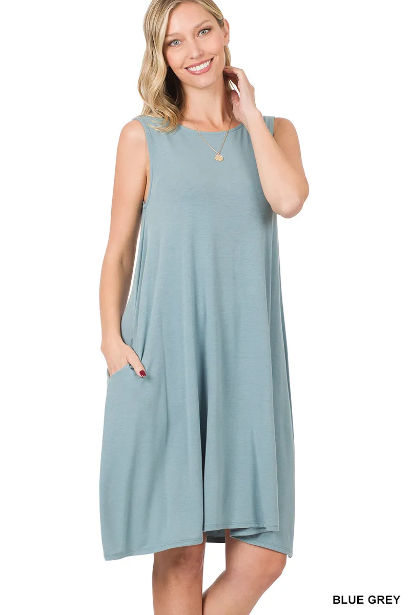 Plus Size Sleeveless Jersey Flared Swing Tank Dress with Side Pockets