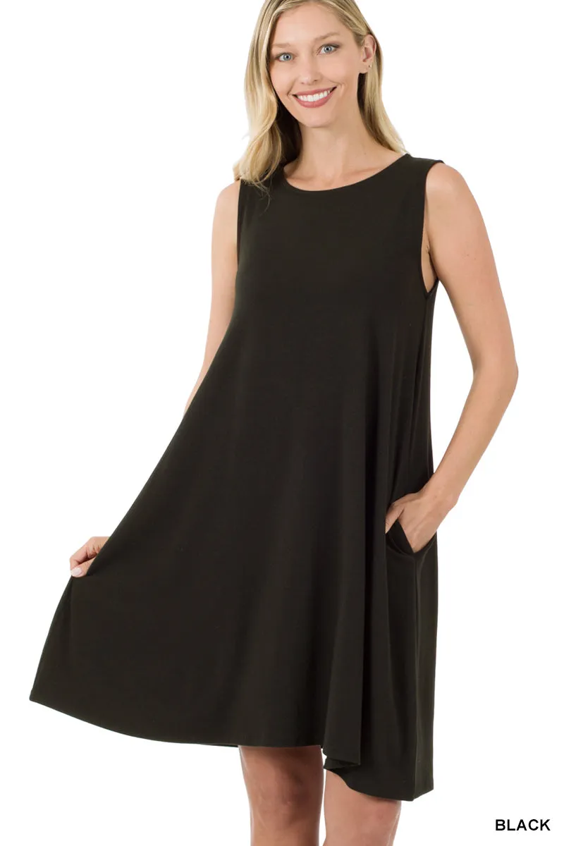 Plus Size Sleeveless Jersey Flared Swing Tank Dress with Side Pockets