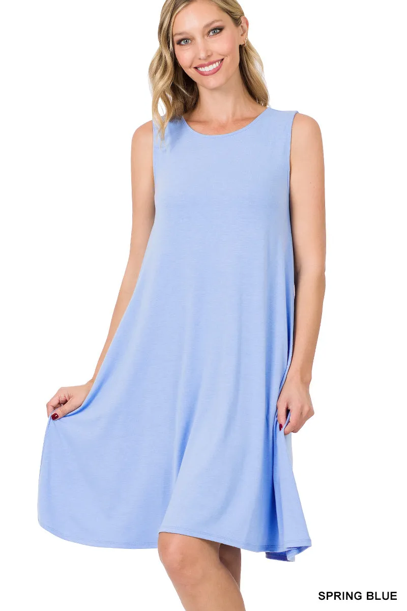 Plus Size Sleeveless Jersey Flared Swing Tank Dress with Side Pockets