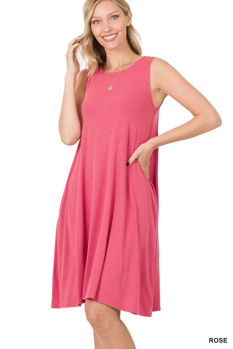 Plus Size Sleeveless Jersey Flared Swing Tank Dress with Side Pockets