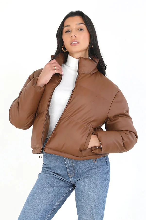 TAN MATTE FAUX LEATHER HIGH NECK PADDED JACKET