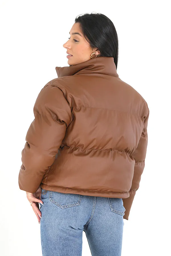 TAN MATTE FAUX LEATHER HIGH NECK PADDED JACKET