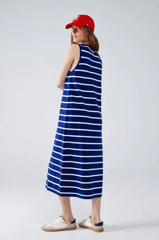 Tank Maxi Dress with Scoop Neck in Navy with White Stripes