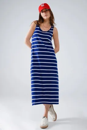 Tank Maxi Dress with Scoop Neck in Navy with White Stripes