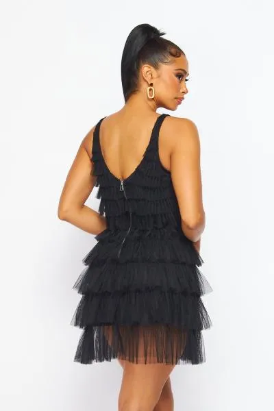 Tulle Tiered Tank Dress - Black -