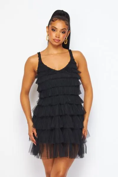 Tulle Tiered Tank Dress - Black -